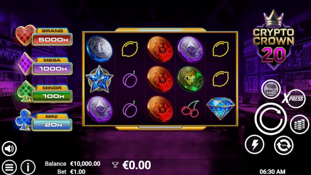Tampilan antarmuka permainan slot Crypto Crown 20 dengan simbol kripto dan neon