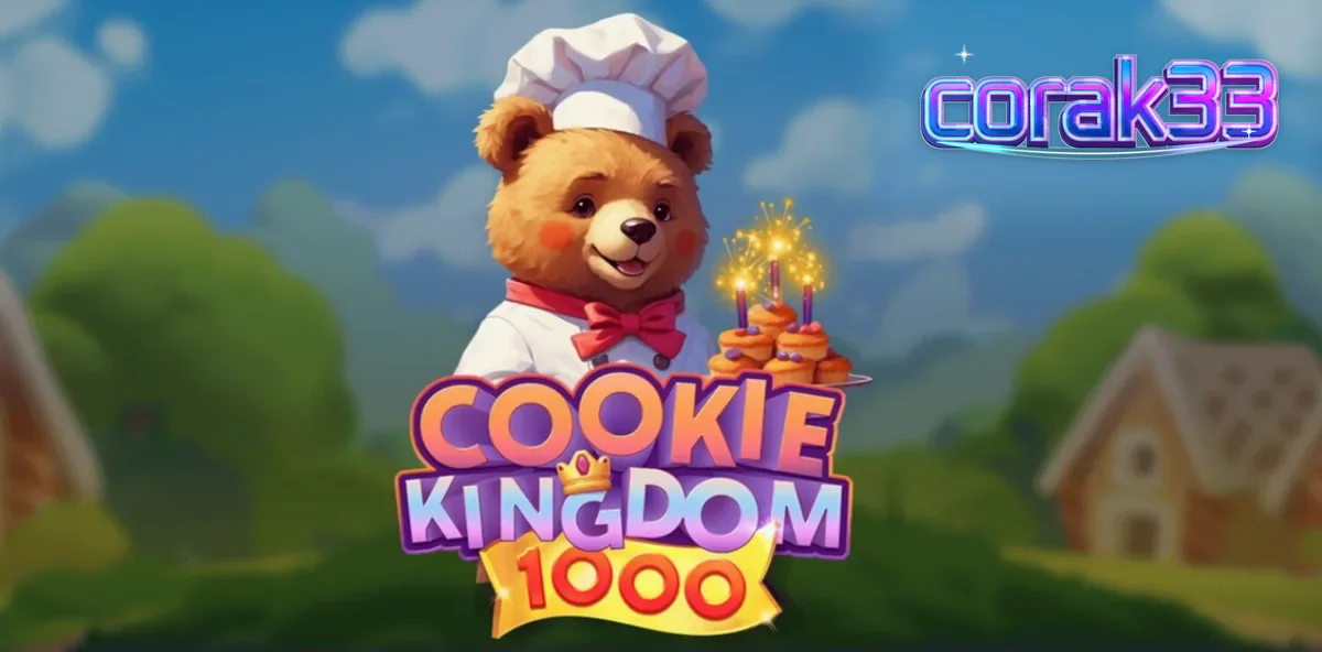 Tampilan visual ceria dari slot Cookie Kingdom 1000 dengan karakter beruang pembuat roti.